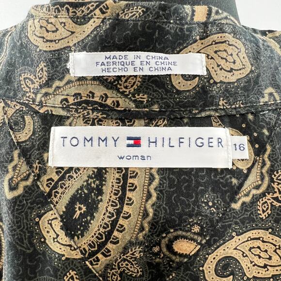 Tommy Hilfiger Black Tan Paisley Button-Up Cotton Shirt Top Long Sleeve Plus 16 - Picture 6 of 8